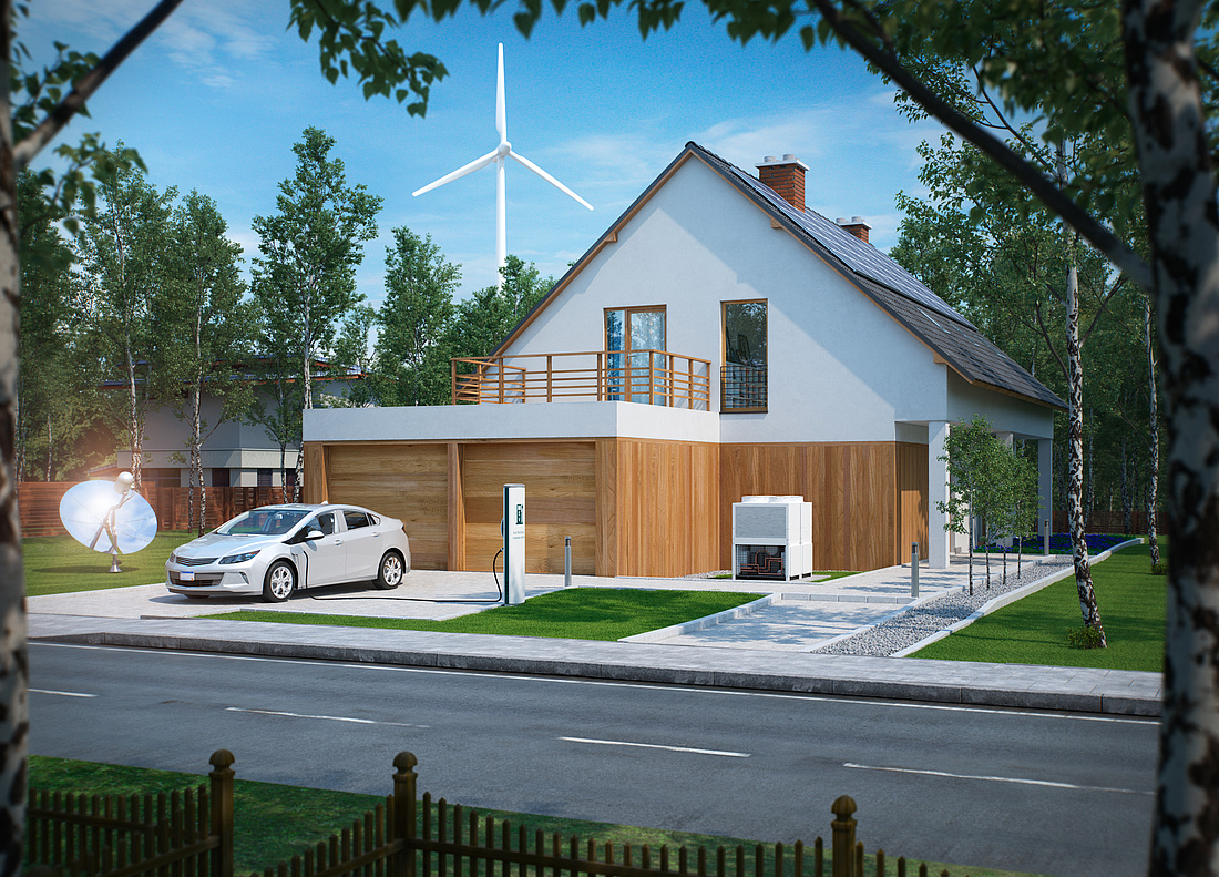 KfW-Zuschuss für Ihr Bauvorhaben: Modernes Haus, Solar- und Windkraftanlage, Ladestation für Elektroauto.